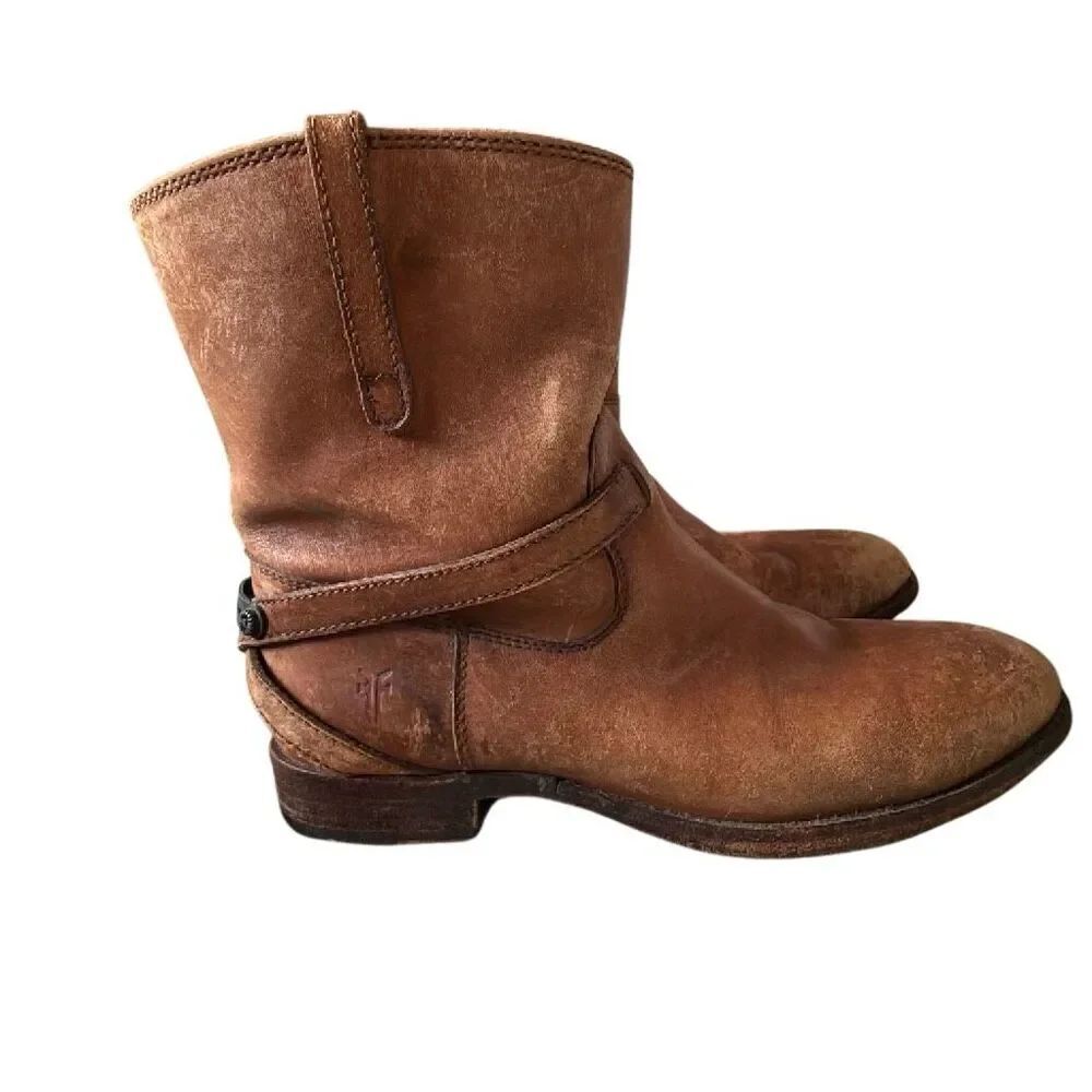 Frye Used Lindsay Short Harness Ankle Boots Distressed Leather Western Cognac